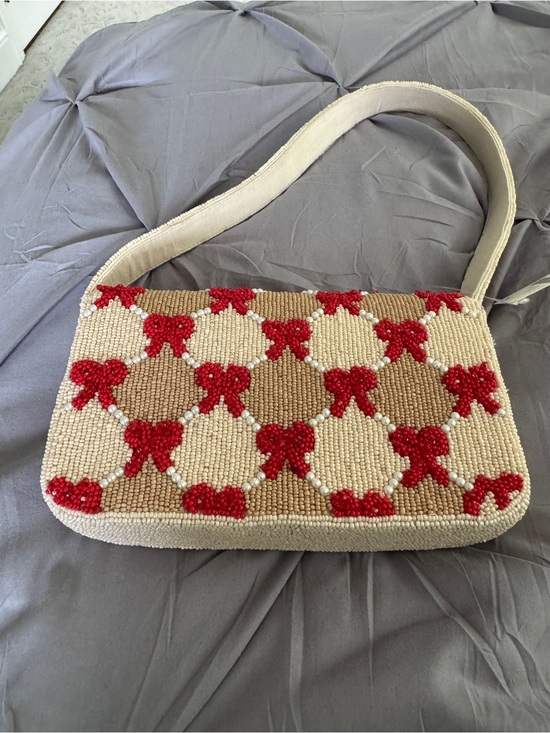 Anthropologie Handbags - Anthropologie Cream and Red Beaded Bow Shoulder Bag
